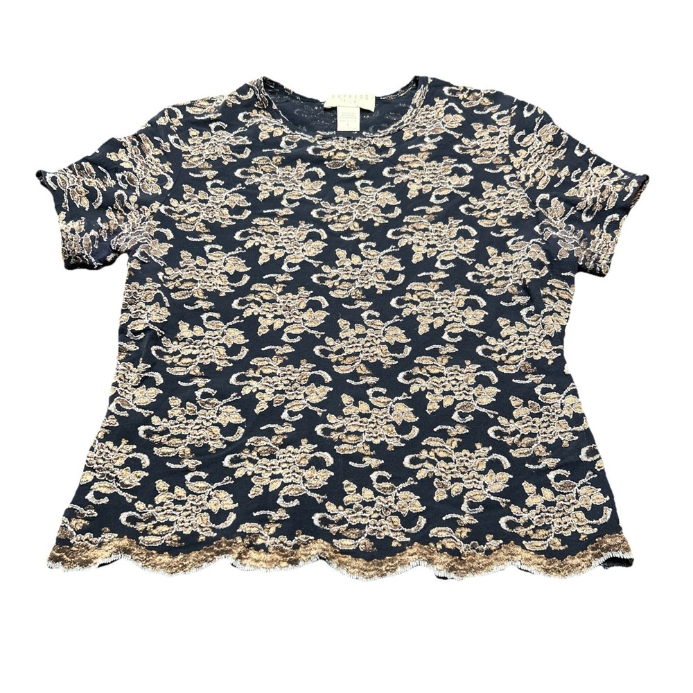 VTG Y2K Black & Beige Lace Short Sleeve Crop Top Size L Whimsycore Goth Romantic